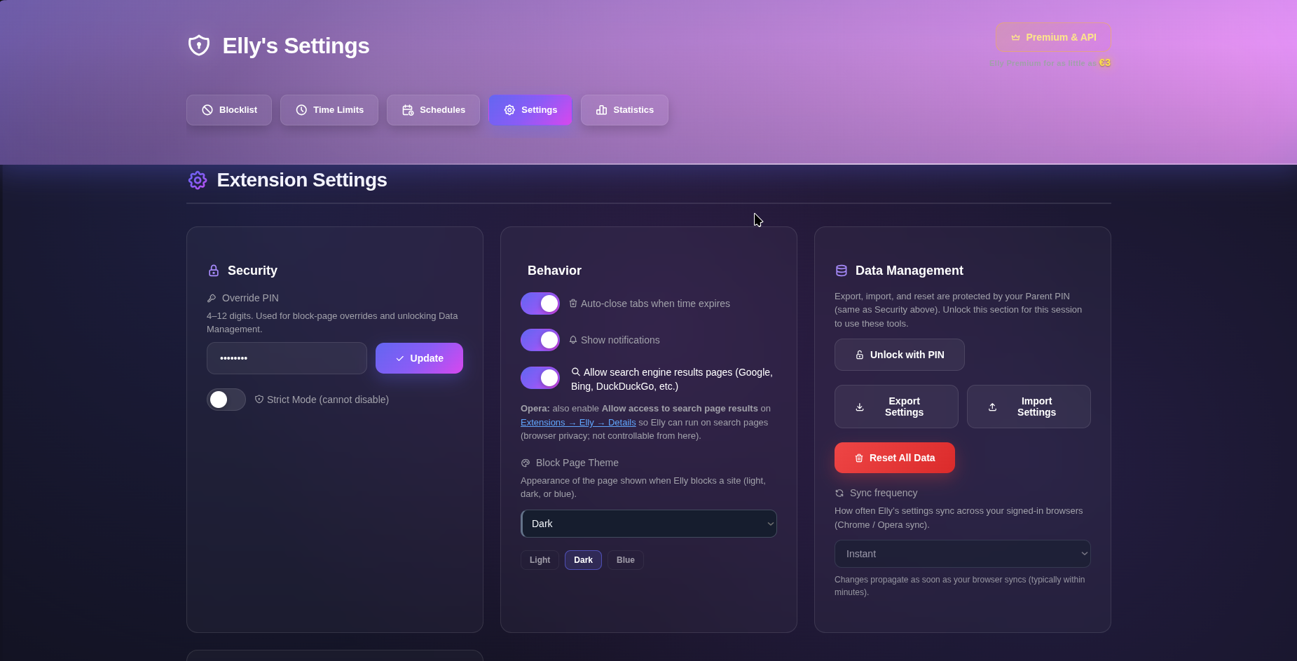 Settings also support export, import, and reset of configuration (PIN‑pr…